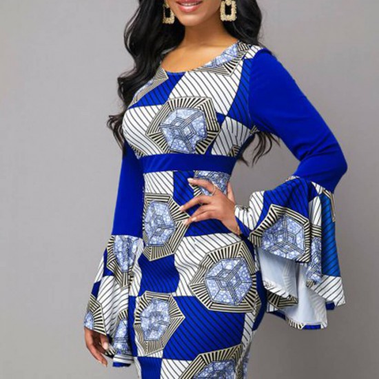 Bell Sleeve Printed High Waist Pencil Slim Dress - Blue |image