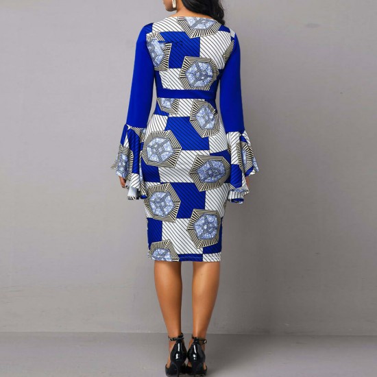 Bell Sleeve Printed High Waist Pencil Slim Dress - Blue |image