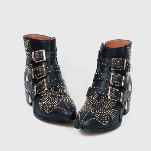 Rivets Decorated Buckle Strapped Leather Ankle Boots - Black |image