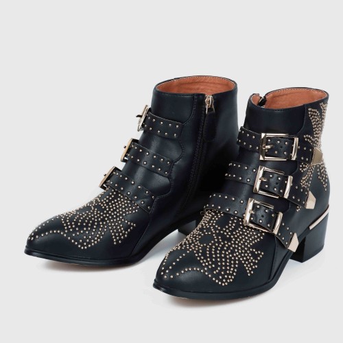 Rivets Decorated Buckle Strapped Leather Ankle Boots - Black |image