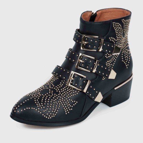 Rivets Decorated Buckle Strapped Leather Ankle Boots - Black |image