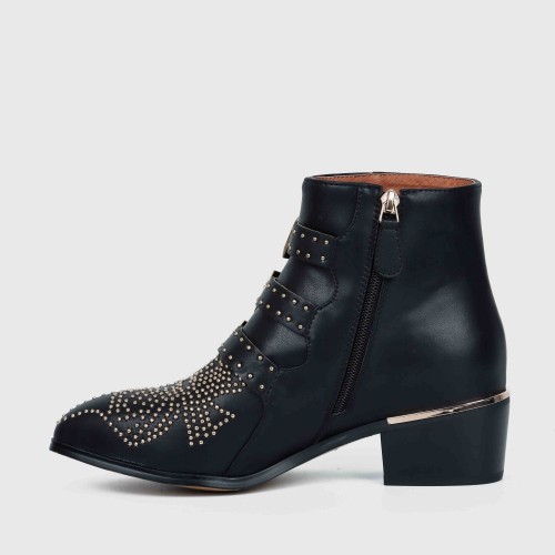 Rivets Decorated Buckle Strapped Leather Ankle Boots - Black |image