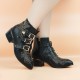 Rivets Decorated Buckle Strapped Leather Ankle Boots - Black |image