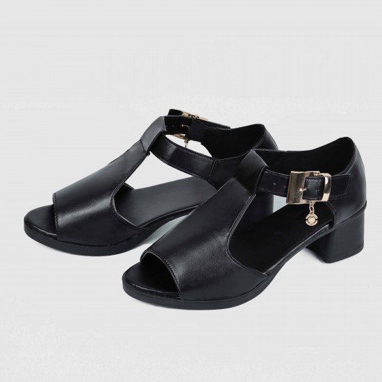 Casual Buckle Up Fish Mouth Thick heels Sandal - Black |image