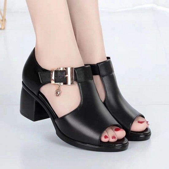 Casual Buckle Up Fish Mouth Thick heels Sandal - Black |image