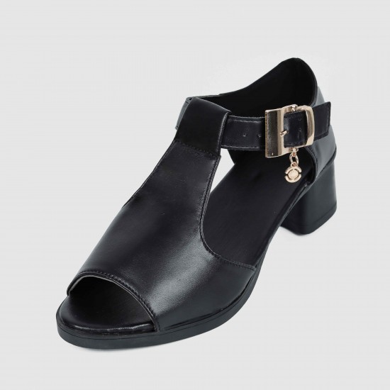 Casual Buckle Up Fish Mouth Thick heels Sandal - Black |image