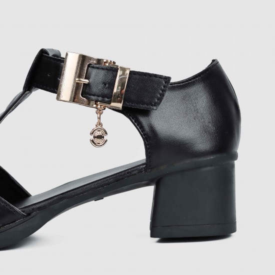 Casual Buckle Up Fish Mouth Thick heels Sandal - Black |image