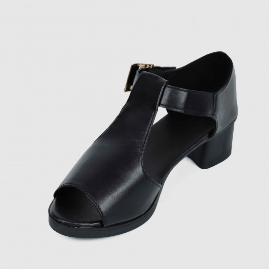 Casual Buckle Up Fish Mouth Thick heels Sandal - Black |image