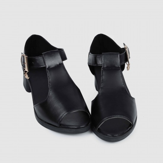 Casual Buckle Up Fish Mouth Thick heels Sandal - Black |image