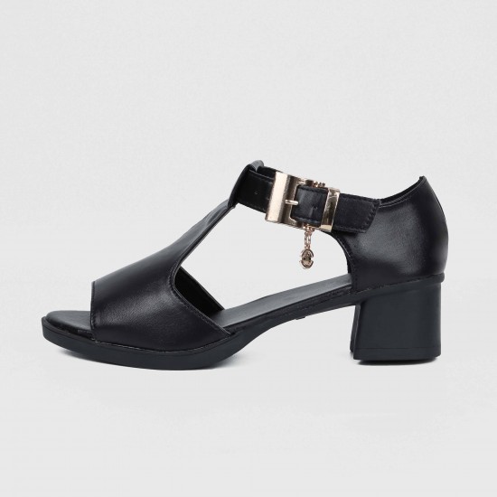 Casual Buckle Up Fish Mouth Thick heels Sandal - Black |image