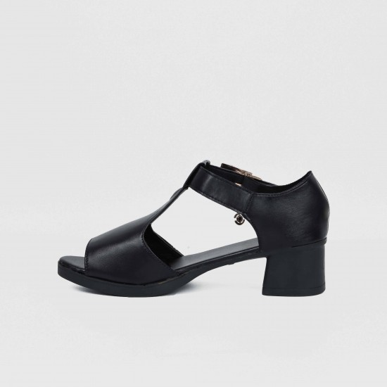 Casual Buckle Up Fish Mouth Thick heels Sandal - Black |image