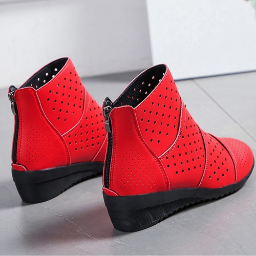 Breathable Hollow Zipper Slope Heel Shoes - Red |image
