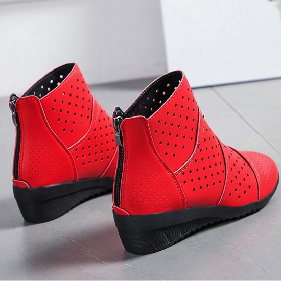 Breathable Hollow Zipper Slope Heel Shoes - Red Breathable Hollow Zipper Slope Heel Shoes - Red |image