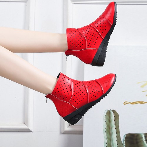 Breathable Hollow Zipper Slope Heel Shoes - Red |image