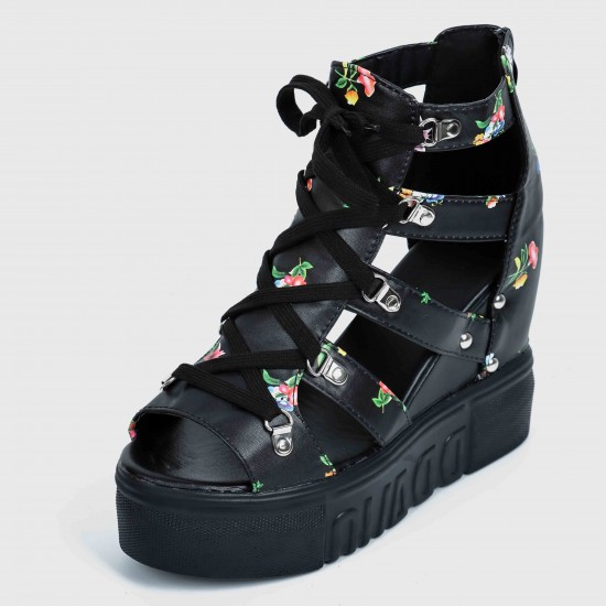 Floral Hollow Fish Mouth Wedge High Heel Sandal - Black Floral Hollow Strapped Wedge High Heel Sandal - Black |image