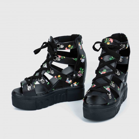 Floral Hollow Fish Mouth Wedge High Heel Sandal - Black Floral Hollow Strapped Wedge High Heel Sandal - Black |image