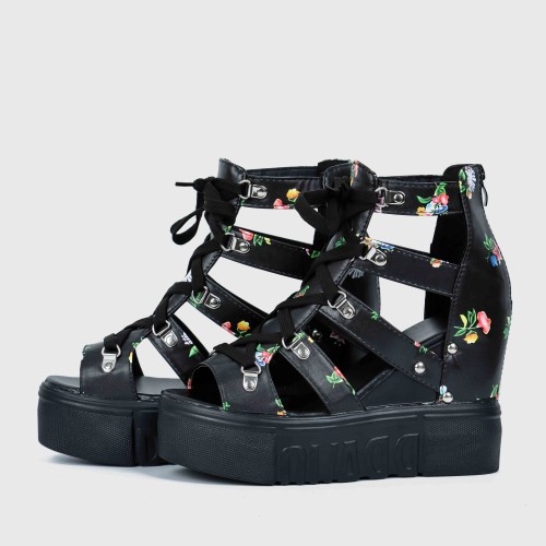 Floral Hollow Strapped Wedge High Heel Sandal - Black |image
