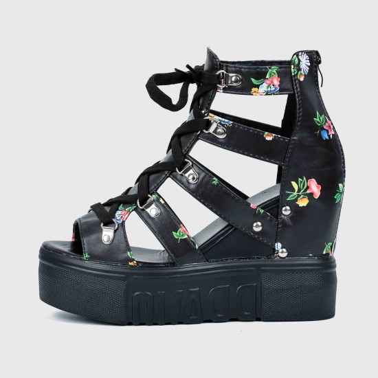 Floral Hollow Fish Mouth Wedge High Heel Sandal - Black Floral Hollow Strapped Wedge High Heel Sandal - Black |image