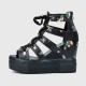 Floral Hollow Strapped Wedge High Heel Sandal - Black |image