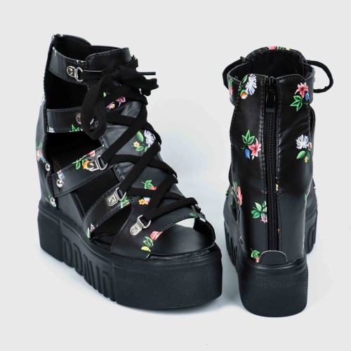 Floral Hollow Strapped Wedge High Heel Sandal - Black |image