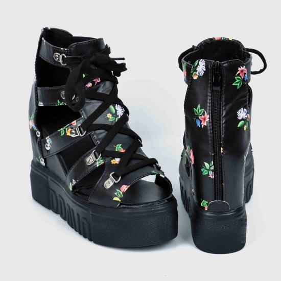 Floral Hollow Fish Mouth Wedge High Heel Sandal - Black Floral Hollow Strapped Wedge High Heel Sandal - Black |image