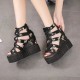 Floral Hollow Strapped Wedge High Heel Sandal - Black 