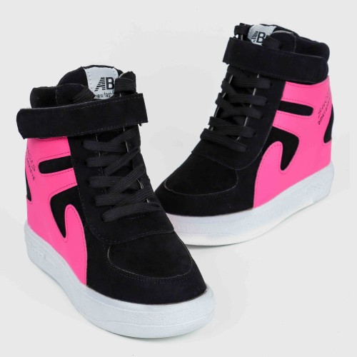 Thick Sole Platform Velcro Leather Contrast Sneakers - Black |image