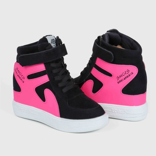 Thick Sole Platform Velcro Leather Contrast Sneakers - Black |image