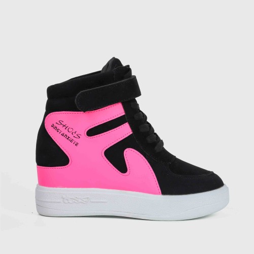 Thick Sole Platform Velcro Leather Contrast Sneakers - Black |image