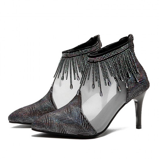 Rhinestone Decorated Mesh Stiletto High Heels Shoes - Black |image
