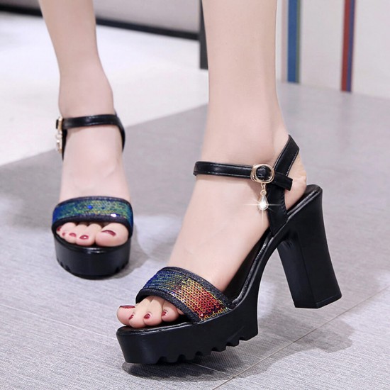 Showing image for Ankle Buckle Sequined Thick High Heeled Sandals - Black Ankle Buckle Sequined Thick High Heeled Sandals - Black |image