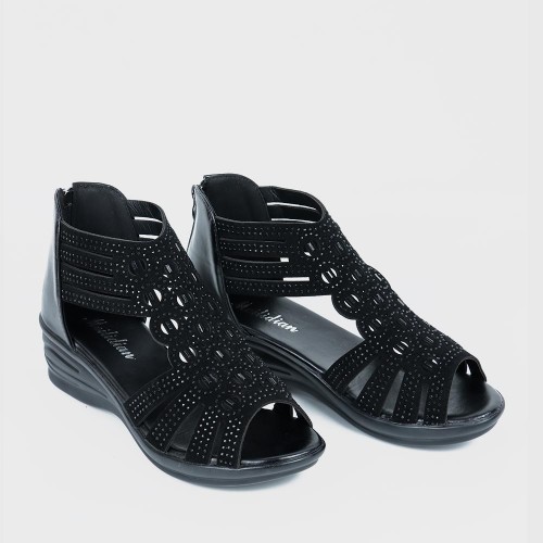 Roman Style Mid Heel Strapped Hollow Sandals - Black |image