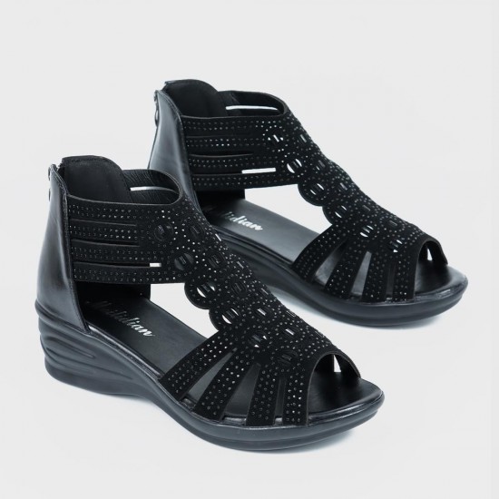 Roman Style Mid Heel Strapped Hollow Sandals - Black |image