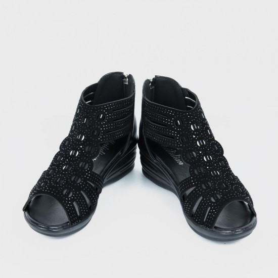 Roman Style Mid Heel Strapped Hollow Sandals - Black |image