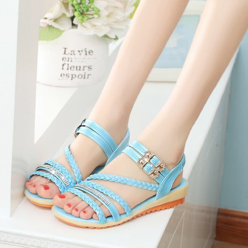 Fairy Style Fish Mouth Thick Bottomed Flat Sandals - Blue |image