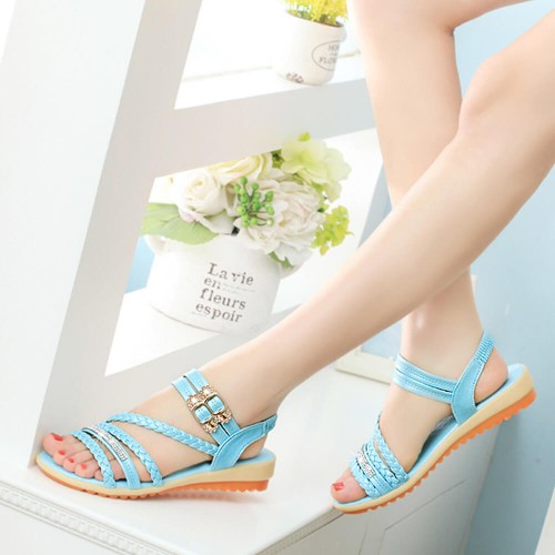 Fairy Style Fish Mouth Thick Bottomed Flat Sandals - Blue |image