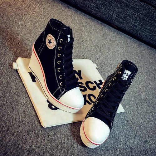 Canvas Round Toe High Top Wedge Zipper Shoes - Black |image
