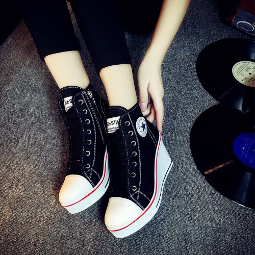 Canvas Round Toe High Top Wedge Zipper Shoes - Black |image