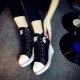 Canvas Round Toe High Top Wedge Zipper Shoes - Black |image