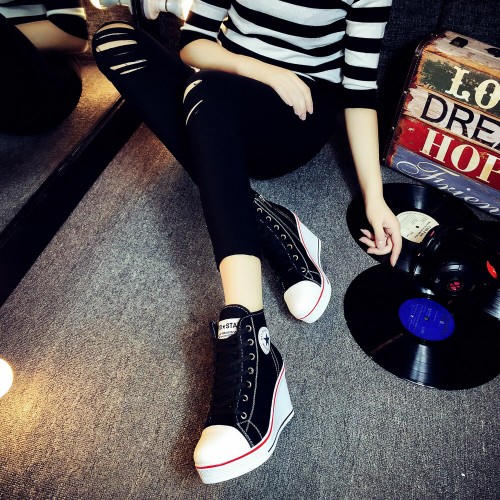 Canvas Round Toe High Top Wedge Zipper Shoes - Black |image