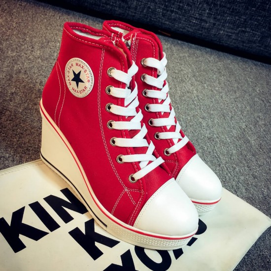 Canvas Round Toe High Top Wedge Zipper Shoes - Red |image