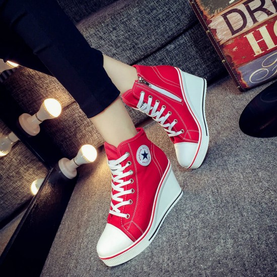 Canvas Round Toe High Top Wedge Zipper Shoes - Red |image