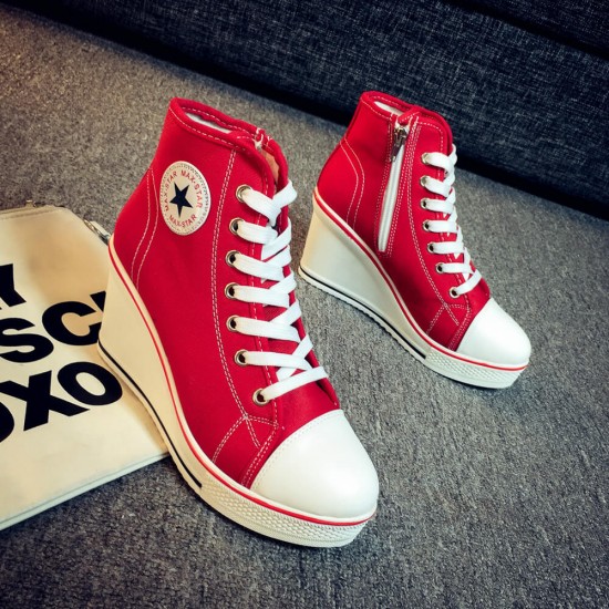 Canvas Round Toe High Top Wedge Zipper Shoes - Red |image