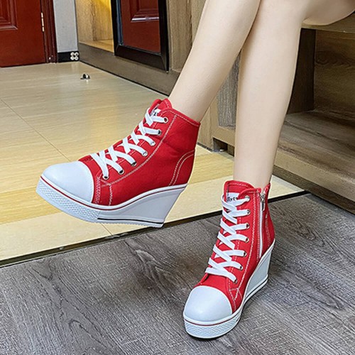 Canvas Round Toe High Top Wedge Zipper Shoes - Red |image