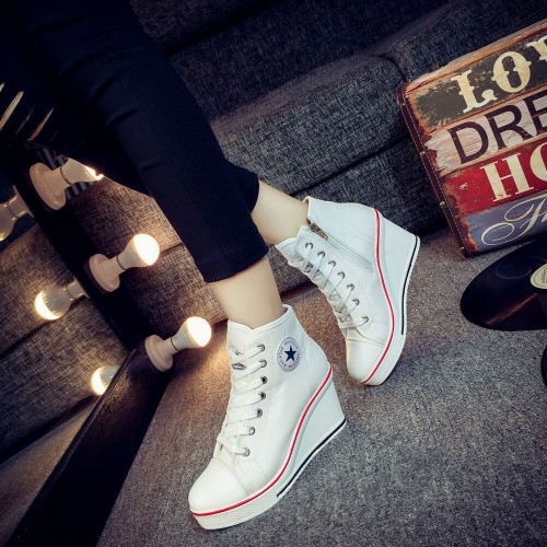 Canvas Round Toe High Top Wedge Zipper Shoes - White |image