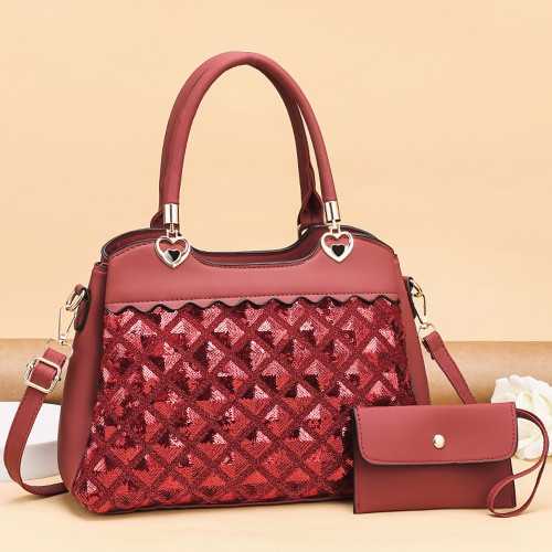 Latest Design Sequined Diamond Stitch Hand Bag- Red |image