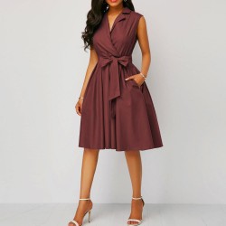 Sleeveless lapels A Line High Waist Midi Dress - Purple