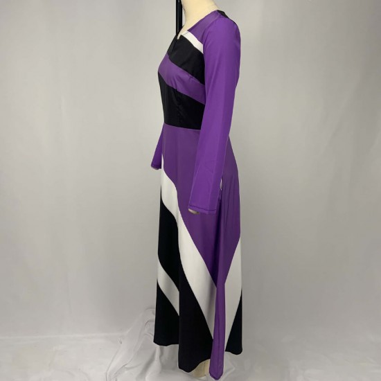 Latest Long-Sleeved V Neck Geometric Strip Printed Maxi Dress - Purple Long Sleeved V Neck Geometric Strip Printed Maxi Dress - Purple |image