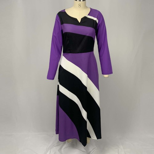 Long Sleeved V Neck Geometric Strip Printed Maxi Dress - Purple |image