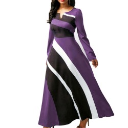 Long Sleeved V Neck Geometric Strip Printed Maxi Dress - Purple